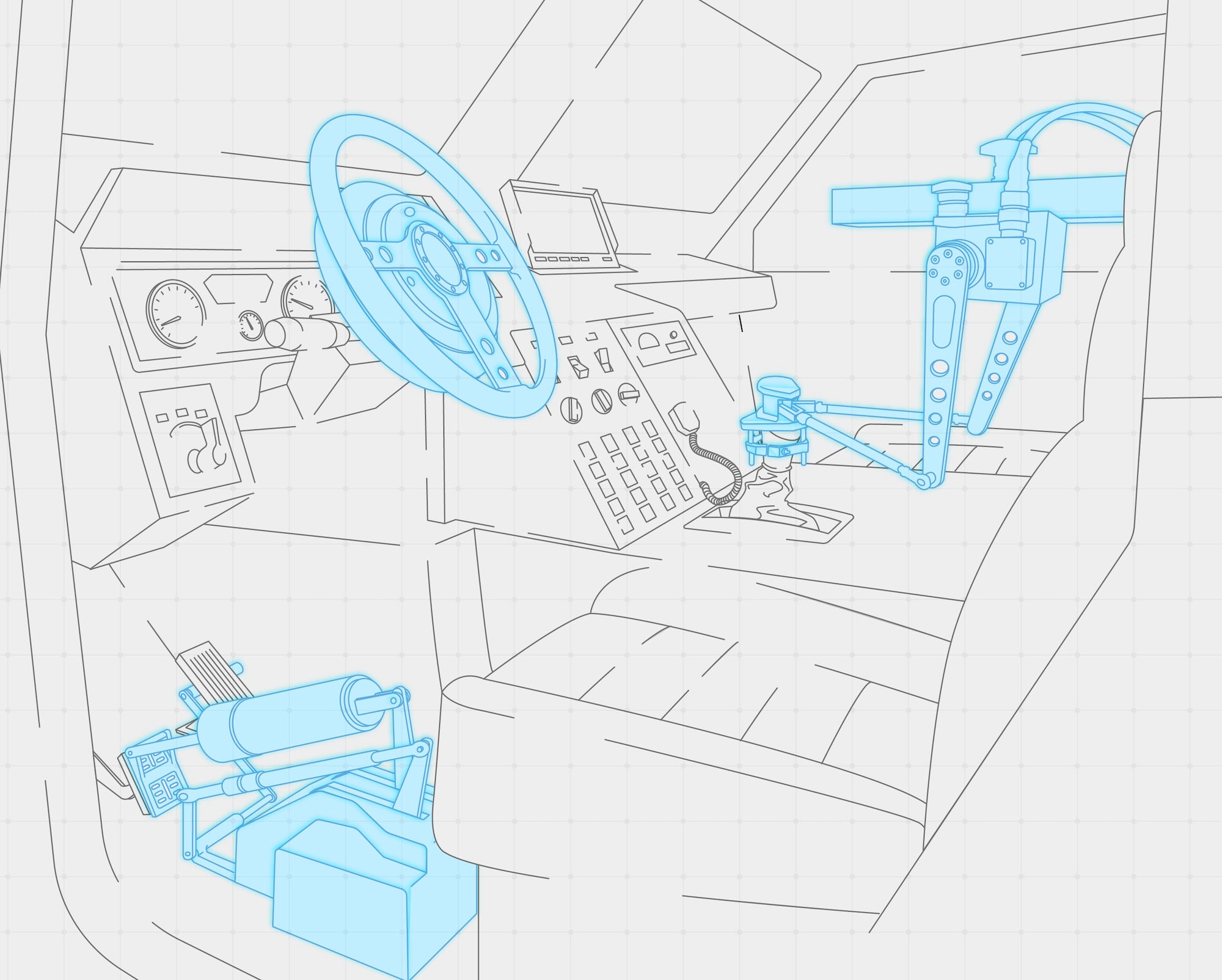 Illustration showing robotic steering, pedal and gear change actuators